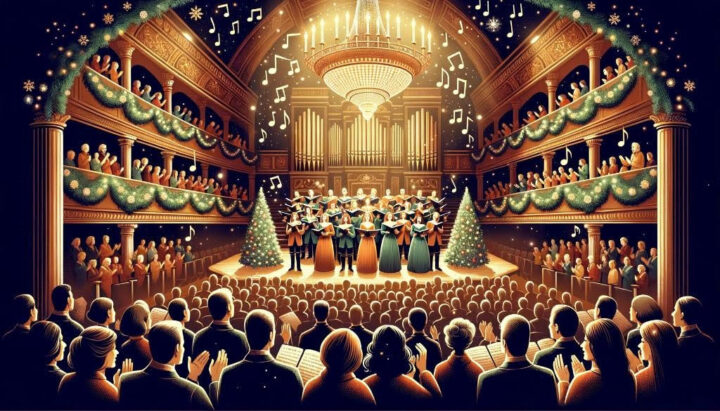 A concert hall decked out in Christmas decorations, with a choir on stage and the audience singing along.