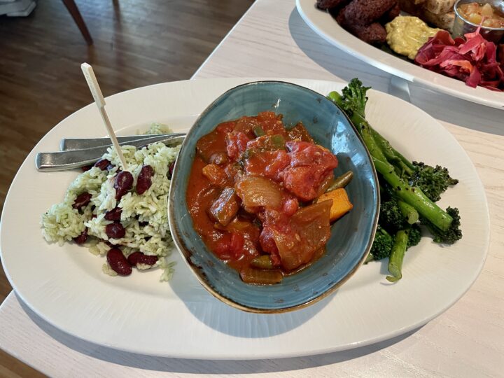 rice and beans, curry, and broccolini